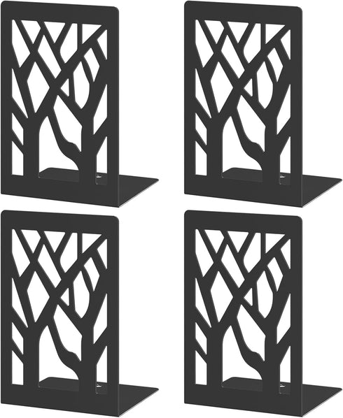 VFINE 4-Piece Modern Metal Bookends for Shelves, Black Tree Book Ends for