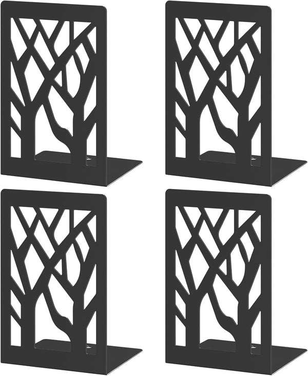 VFINE 4-Piece Modern Metal Bookends for Shelves, Black Tree Book Ends for