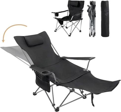 Reclining Camping Chair with Removable Footrest, Adjustable Camping Lounge Beach Chair with