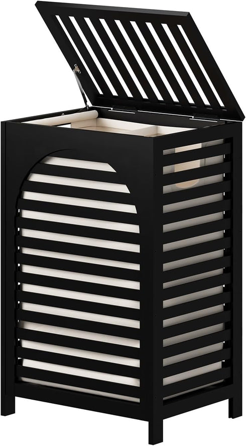 Black Laundry Hamper with Lid, 22.5 Gallon (85L) Bamboo Wood Clothes Basket, Removable Liner and Handles