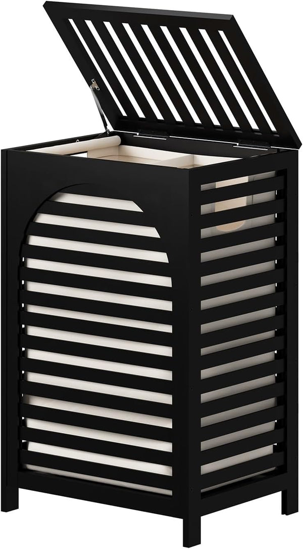 Black Laundry Hamper with Lid, 22.5 Gallon (85L) Bamboo Wood Clothes Basket, Removable Liner and Handles