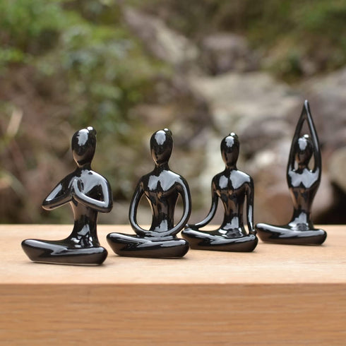 OwMell Lot of 4 Black Meditation Yoga Pose Statue Figurines Ceramic Figure Set Decor