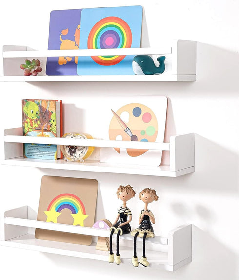 24 Inch Set 3, AZSKY Nursery Bookshelves White, Floating Bookshelves for Wall of Baby Kids Room Decor, Solid Wood Wall