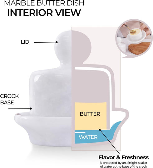4 Inch Marble Mini Butter Dish with Lid White French Butter Crock Soft Butter Spreader, Butter Keeper for Kitchen Dcor