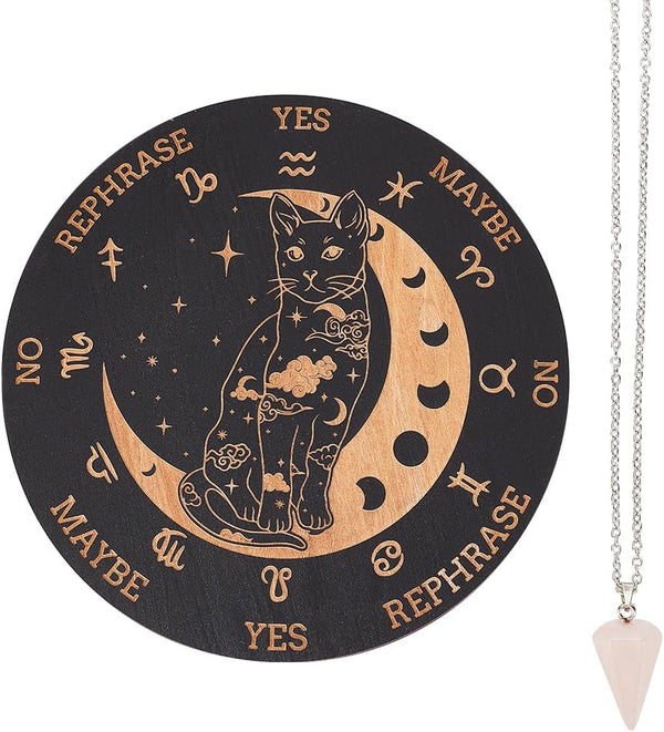 Wooden Pendulum Board 7.9" - Cat Moon Witch Dowsing Divination Planchette Board with Healing Crystal Necklace