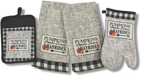 Serafina Home Farmhouse Black White Check Kitchen Towels and Pot Holder Set, Country Pumpkin Apple Cider Invitation