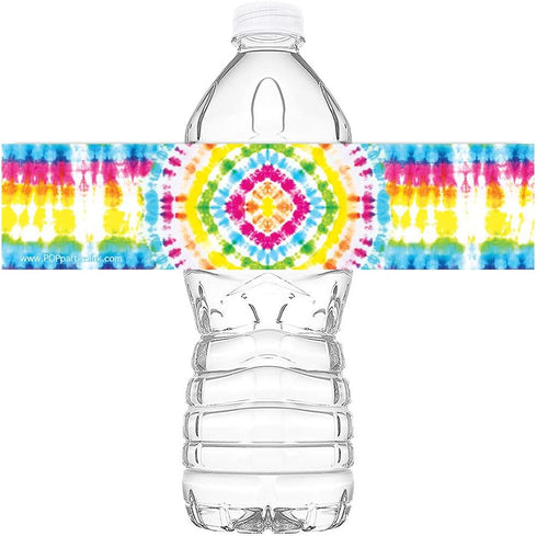 Tie Dye Waterproof Bottle Labels - 20 Labels for Tie Dye Party Decorations and Rainbow Party Supplies