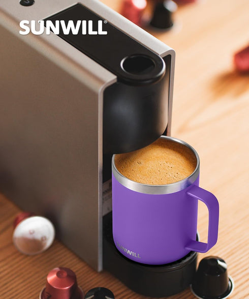 SUNWILL Insulated Coffee Mug with Lid, Travel Tumbler with Handle, 14 oz Stainless Steel Cup for Camping, Office, Home,