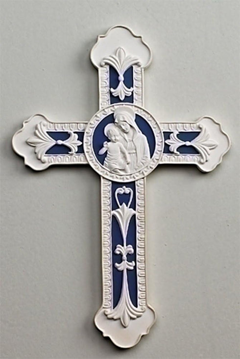 Della Robbia Decorative Wall Cross, Madonna and Child, White Blue, 9 inch