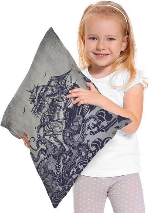 Kraken Pillow Cover Vintage Sail Boat Ocean Waves Octopus Throw Pillow Case - 18 x 18 Inch Home Textile Cotton Linen