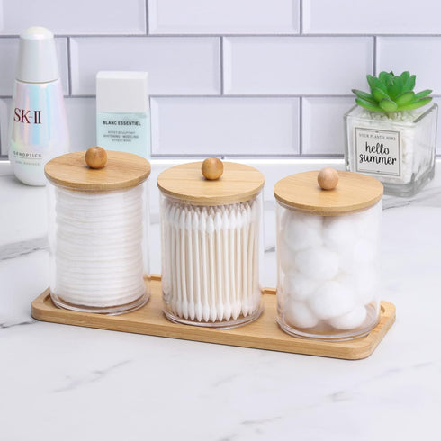 Tbestmax 10 Oz Cotton Swab Holder, Clear Apothecary Jar with Wood Lids, Bathroom Storage Dispenser 3 Pack
