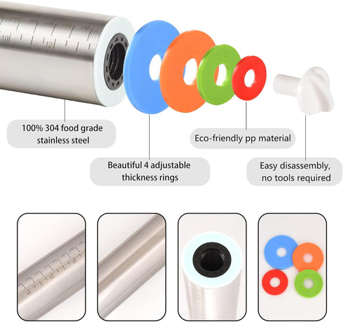 Adjustable Rolling Pin with 4 Thickness Rings, Stainless Steel Dough Roller for Baking, Pizza, Cookie