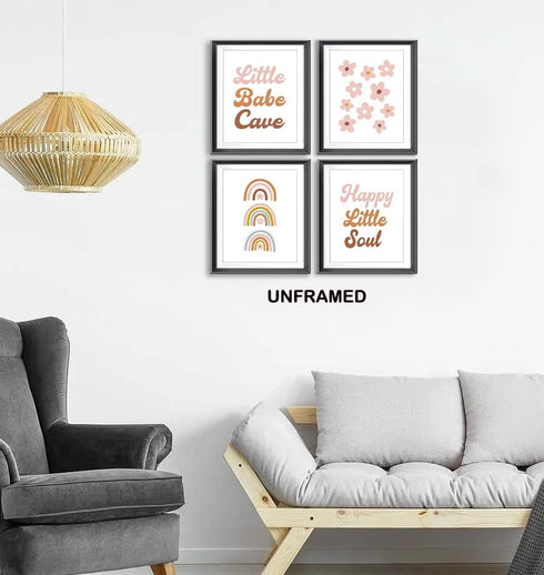 4pcs 8x10 Inches Little Babe Cave Happy Little Soul Boho Nursery Poster Prints for Kids Baby Girls Room Playroom