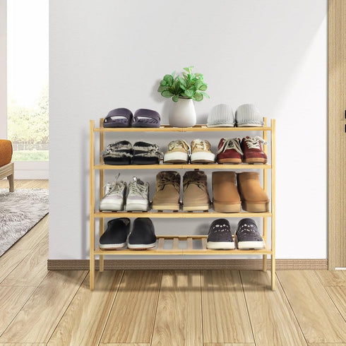 WKWKER 4-Tiers Bamboo Shoe Rack Stackable Free Standing Shoe Racks Portable Shoe Storage Organizer Stackable Shelf