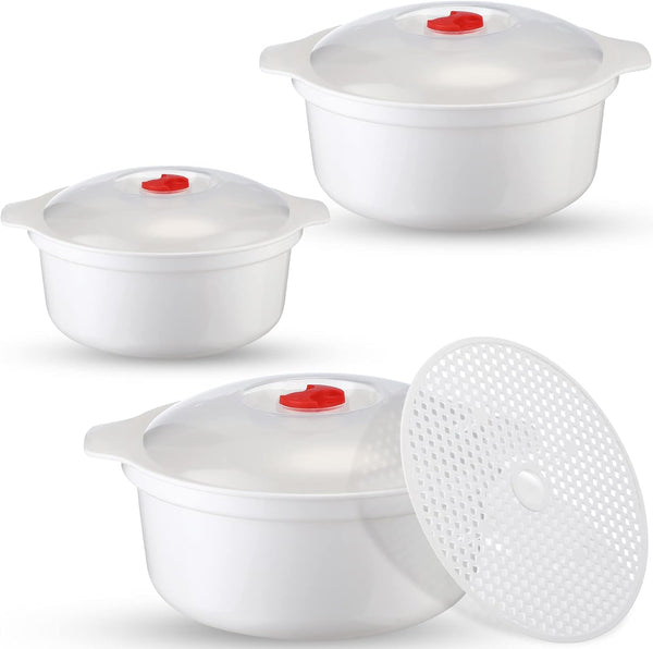Microwave Bowls with Lids - 3 Pieces Assorted Sizes, Soup Bowl with Lid and Steam Rack, Dishwasher Safe Dishes