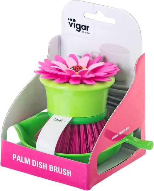 Vigar Flower Power Dish Brush with Holder - Pink Palm, 5-3/4" x 3-3/4"