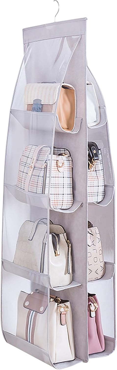 MURRI&MURRDI 1 Pack Hanging Handbag Organizer (Gray) for Closet, Purse Storage Holder with 8 Clear PVC Pockets