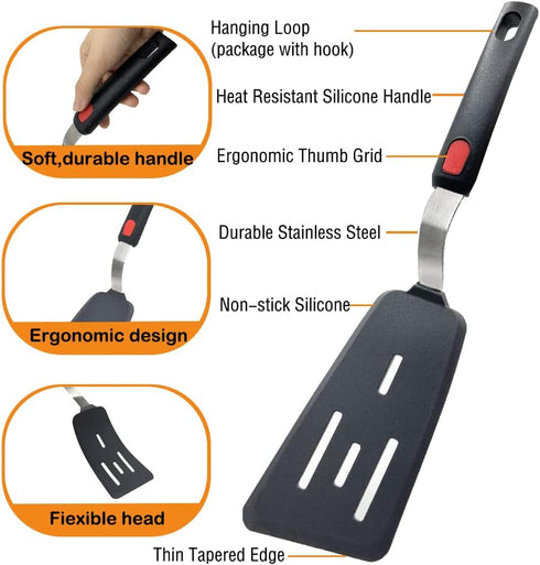 Set of 2 Silicone Spatula Turners, 600°F Heat Resistant Cooking Utensils for Nonstick Cookware, Rubber Flippers