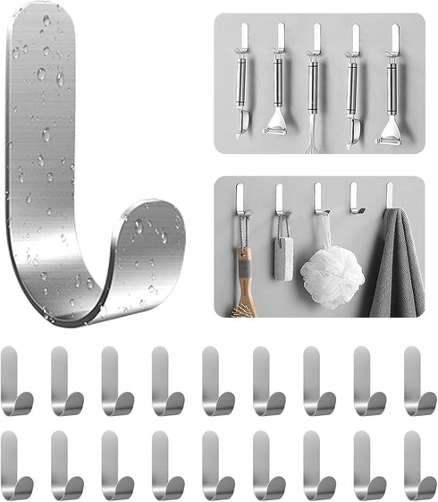 Self Adhesive Towel Hooks, 304 Stainless Steel Heavy Duty Shower Hook for Bathroom, Kitchen, 20 Pack