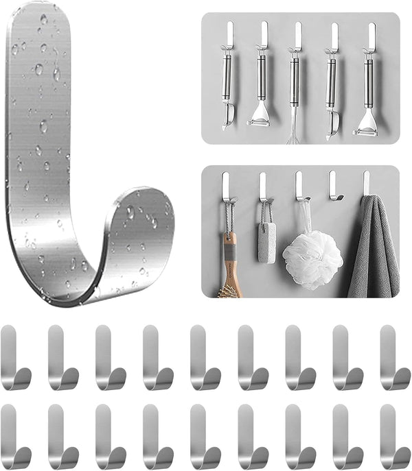 Self Adhesive Towel Hooks, 304 Stainless Steel Heavy Duty Shower Hook for Bathroom, Kitchen, 20 Pack