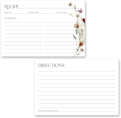 Wildflower Boho Recipe Cards: Set of 48