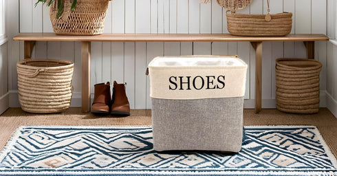 Shoe Storage Bin and Organizer for Hallway, Entryway or Mudroom. Space saver for many pairs of footware to store in one
