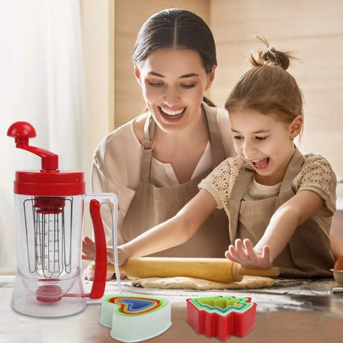 Batter Dispenser 3 In 1 Automatic Pancake & Cupcake Dispenser with Cake Mould, BPA-Free Food-Grade (Red)