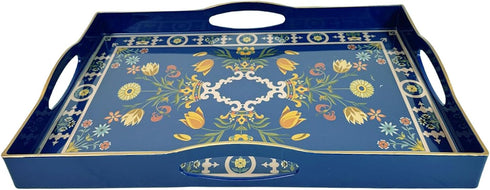 4 15 11 1.9 Boho Blue Decorative Tray, Serving Tray with Handles, Plastic Tray for Coffee Table, Ottoman - Ideal