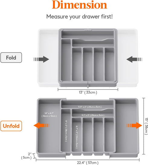 Lifewit Expandable Silverware Drawer Organizer, Adjustable Cutlery and Flatware Tray, Large, Gray