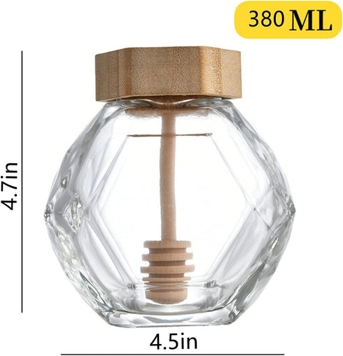DongAi 2 Dispenser380ml, Kitchen(12 Pieces of Crystal Shaped Glass Honey Jar, Wooden Lid With Dipper, Glass Honey