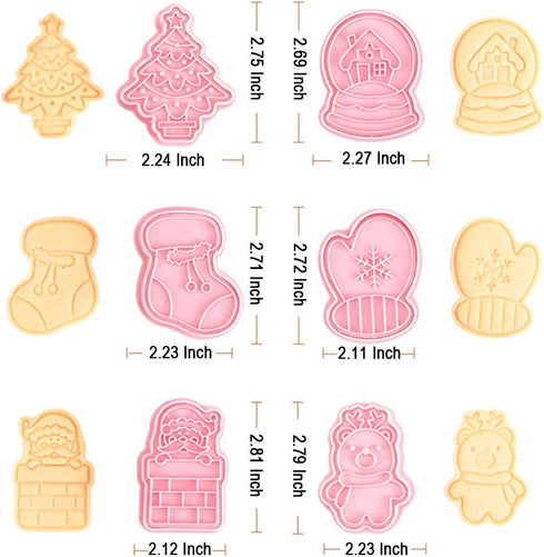 Novel Christmas Cookie Cutters and Stamper Set, Xmas Tree, Glove, Reindeer, Santa, and More - Pack of 12