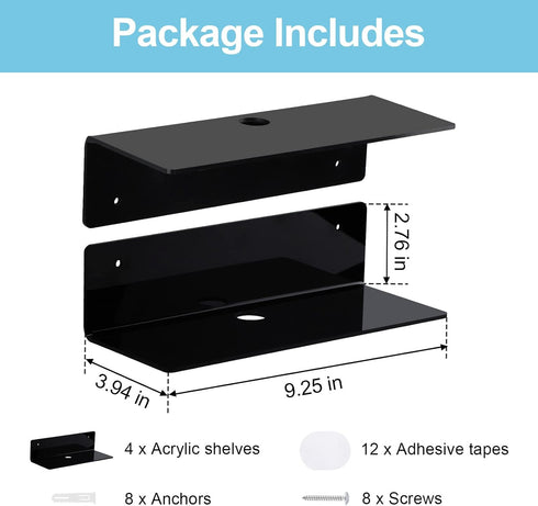 9 Inch Set 4 Acrylic Floating Shelf No Drill Adhesive Wall Shelf of for Funko Pop Storage, Floating Shelves Damage-Free