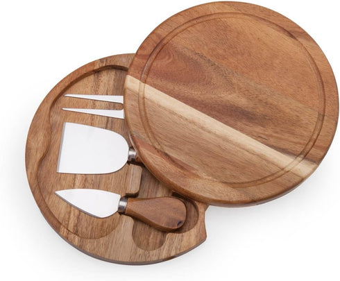 3 Set, 7.5 inch ILEAF Round Slide-Out Acacia Wood Cheese Board and Piece Cheese Tool Diameter