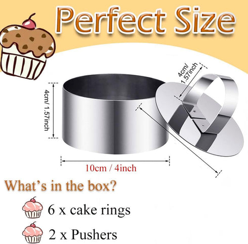 Cake Rings Mold Stainless Steel Round Ring Molds, 4 Inch Food Rings Dessert Mousse Molds Cooking Rings with Pushers for Pastry Baking (6 Rings and 2 Pushers)