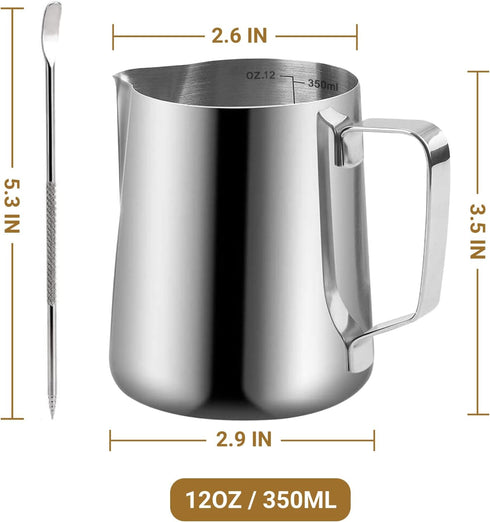 Milk Frothing Pitcher, 350ml/600ml Stainless Steel Jug for Cappuccino Latte Art, 12oz/20oz Milk Jug with Decorating Pen