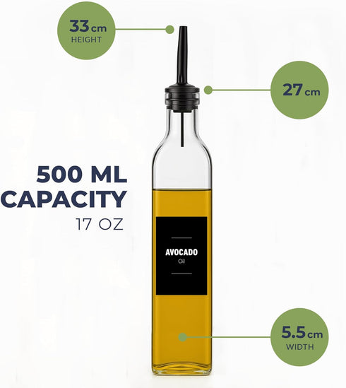 Mlle Label Set 500ml Set 4 Olive Oil & Vinegar Dispenser Bottle with Stainless Steel Pourer, Funnel & Labels - Glass
