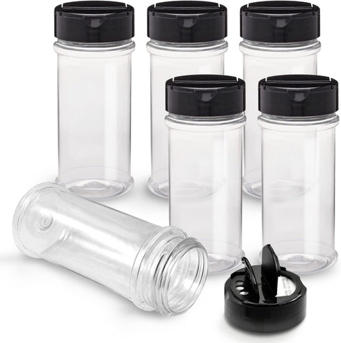 RoyalHouse 6 Pack 5.5 Oz Plastic Spice Jars with Black Cap, Clear, BPA Free, Made in USA
