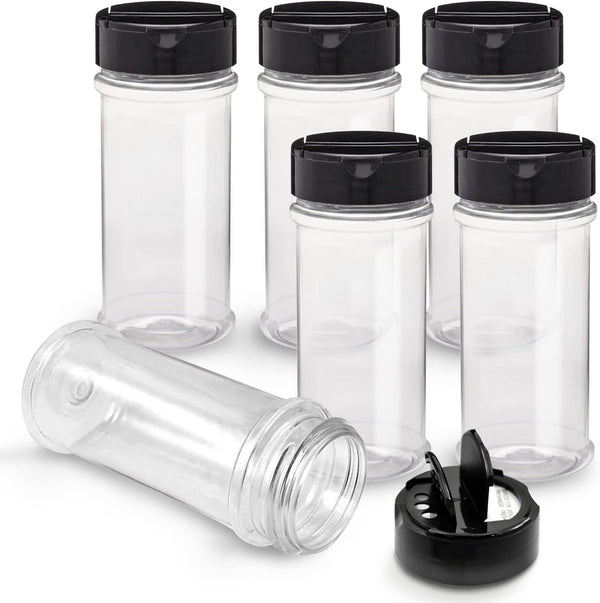 RoyalHouse 6 Pack 5.5 Oz Plastic Spice Jars with Black Cap, Clear, BPA Free, Made in USA