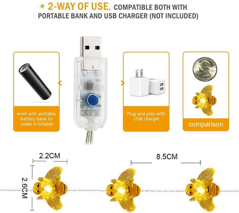 18.7 40 WSgift Honeybee Decorative String Lights, Ft LED USB Plug-in Copper Wire Bee Fairy Lights for Various