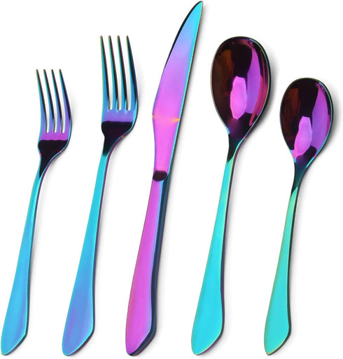 Rainbow Silverware Set - 20-Piece Stainless Steel Flatware Set with Round Edge, Service for 4, Dishwasher Safe