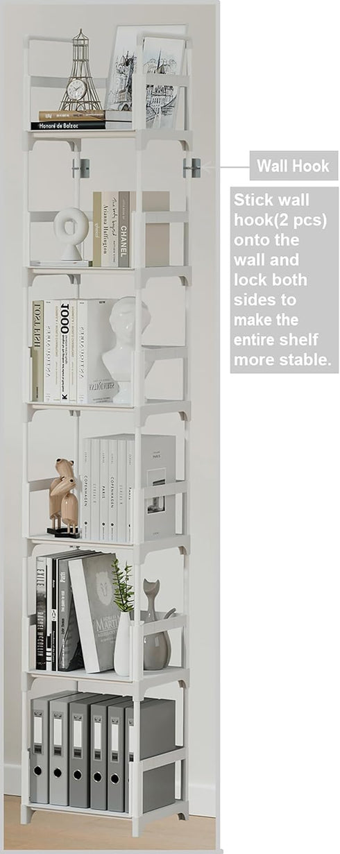 6 FIDUCIAL HOME Tiers Tall Narrow Bookshelf Book Shelf Skinny White Bookcase Thin Slim Book Rack Storage Organizer Easy