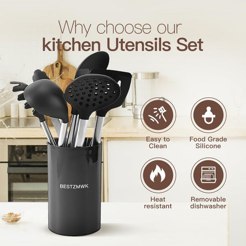 Kitchen Utensils Set, 32 pcs Non-Stick Silicone Cooking Utensils with Holder and Stainless Steel Handle