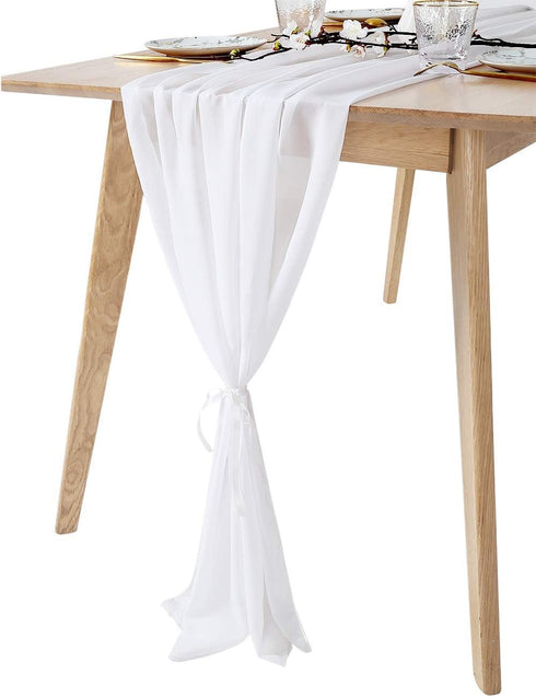 10Ft 1 Piece White Chiffon Table Runner - 27x120 Inches Sheer Chiffon Fabric for Bridal Party Decorations