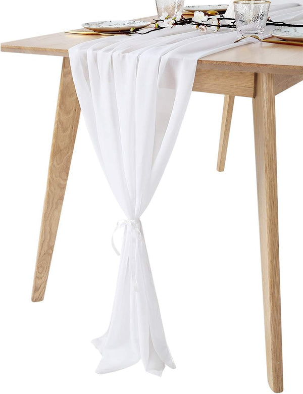 10Ft 1 Piece White Chiffon Table Runner - 27x120 Inches Sheer Chiffon Fabric for Bridal Party Decorations