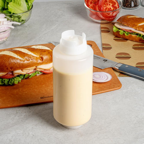 Restaurantware 32oz. FIFO Inverted Plastic Squeeze Bottle with Refill and Dispensing Lids, Perfect for Restaurants