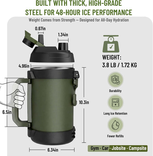 128oz 48 Hydraful Gallon Jug, Large Insulated Stainless Steel Sports Water Jug, Large Triple Wall Vacuum Insulation