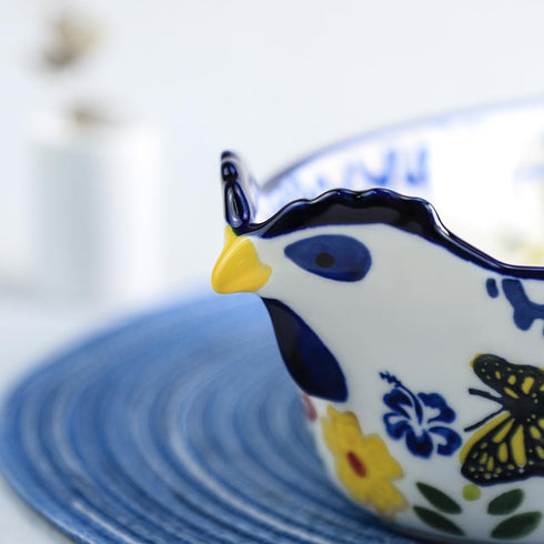 Vintage Chicken Shape Pie Pan, Butterfly and Flower Pattern Ceramic Bakeware Casserole Dish, 25 OZ Baking Pan for Oven