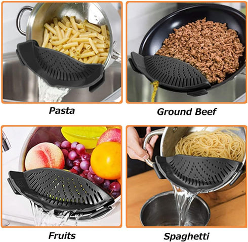 YEVIOR Clip on Strainer for Pots, Hands-Free Silicone Food Strainer for Pasta, Fits All Bowls and Pots (Black)