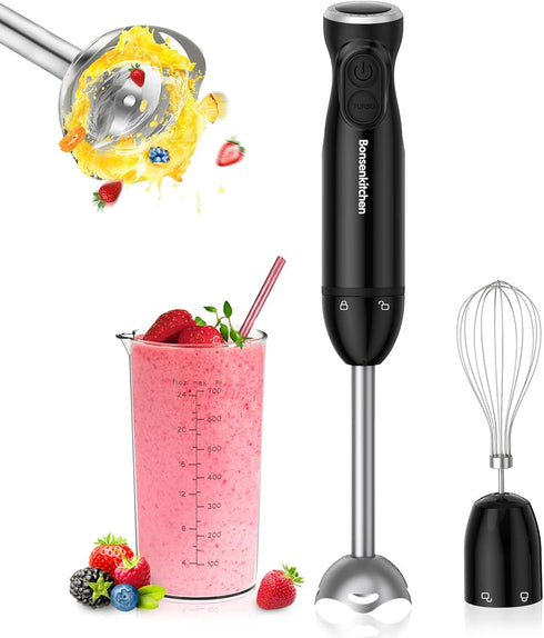 Bonsenkitchen Immersion Blender, 12-Speed Turbo Handheld Electric Blender with Sharp Blades, 3-In-1 Stick Blender
