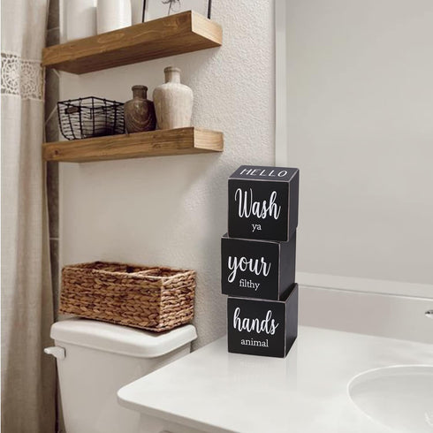 Farmhouse Bathroom Decor, Cute Funny Wooden Signs for Shelf, Rustic Black Bathroom Decor, 4 Sides